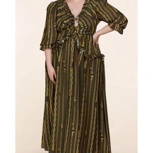 L'atiste by Amy Women's Olive Green Chain Link Print Maxi Dress Sz 1X NWT